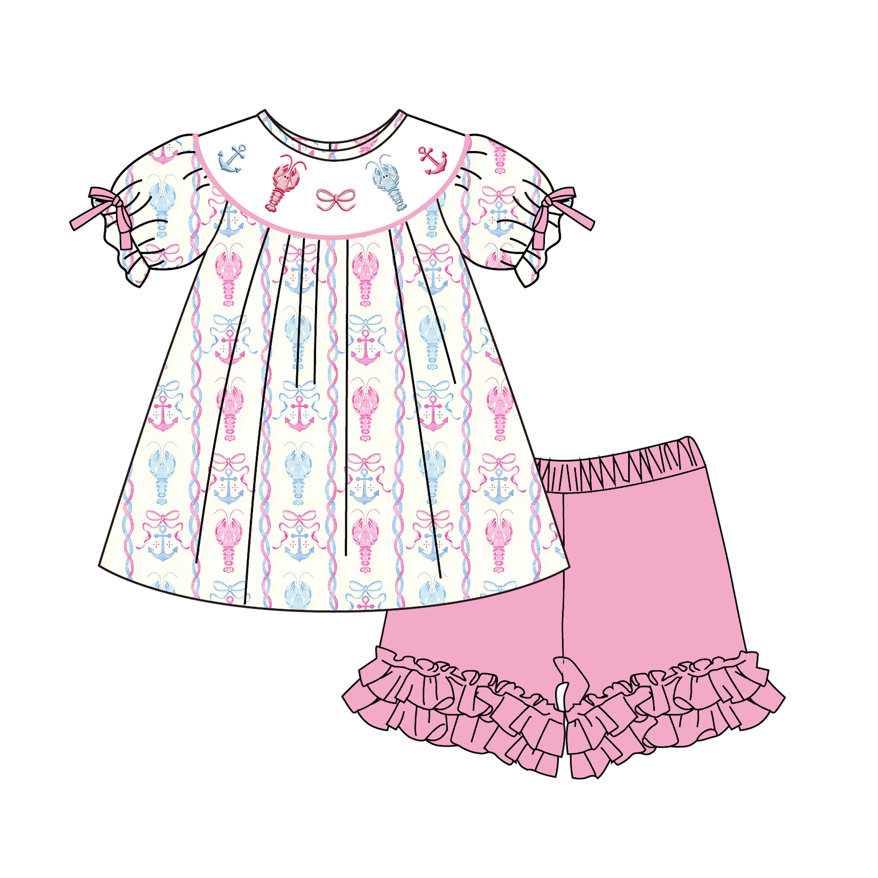 （Pre Order）Siblings Summer Lobster Embroidery Smocked Dress,Set&Romper-Customized name
