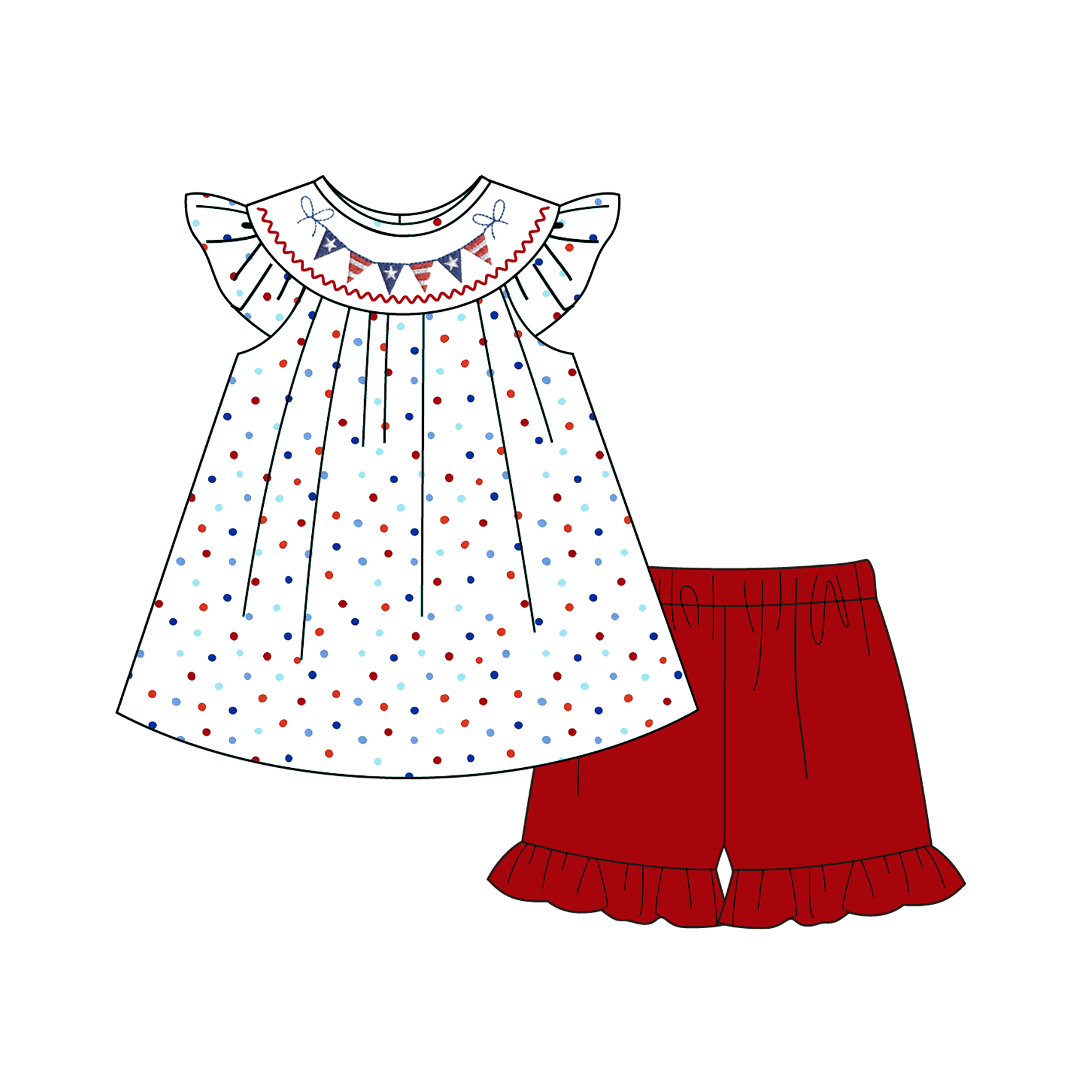 （Pre Order）Siblings Patriotic Embroidery Smocked Dress,Set&Romper-Customized name