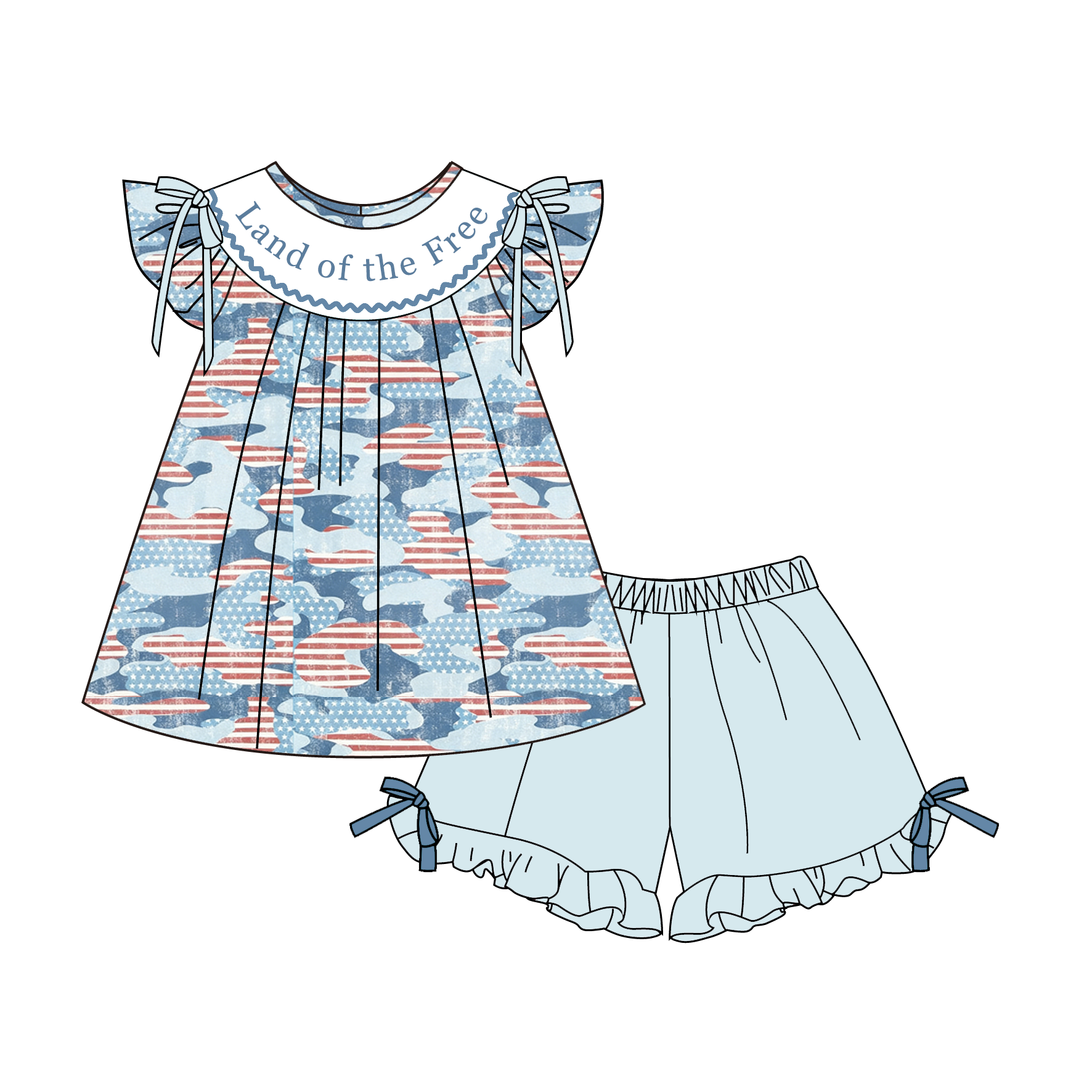 （Pre Order）Siblings Patriotic Land of the Free Embroidery Smocked Dress,Set&Romper-Customized name