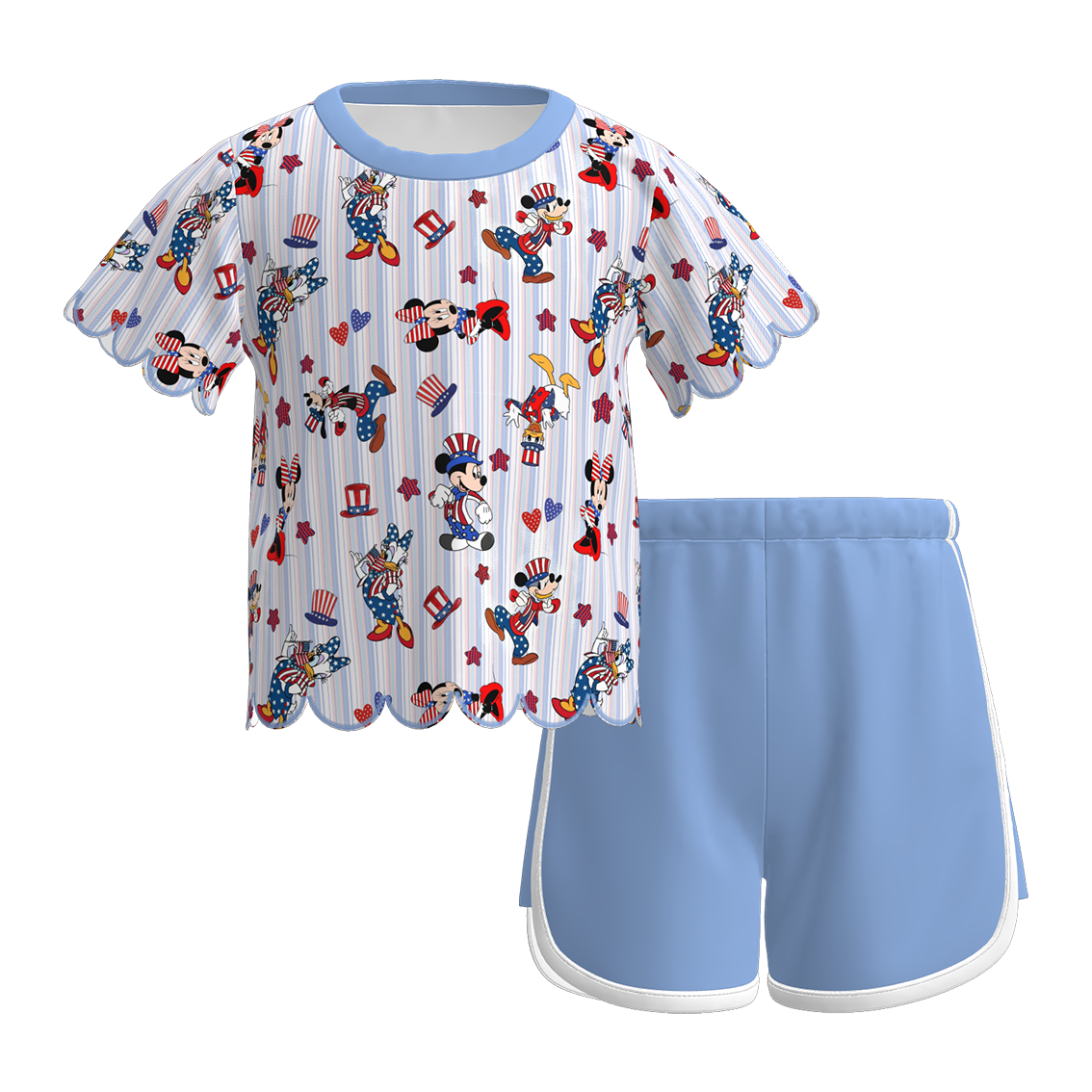 （Pre Order）Girls Patriotic Cartoon Scallop Shorts Set