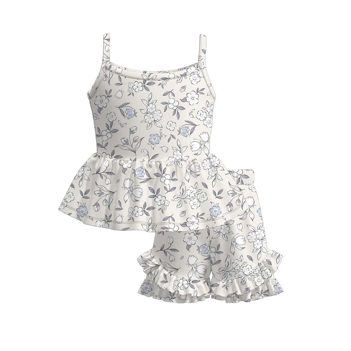 （Pre Order）Girls Spring&Summer Floral Print Ruffle Shorts Set