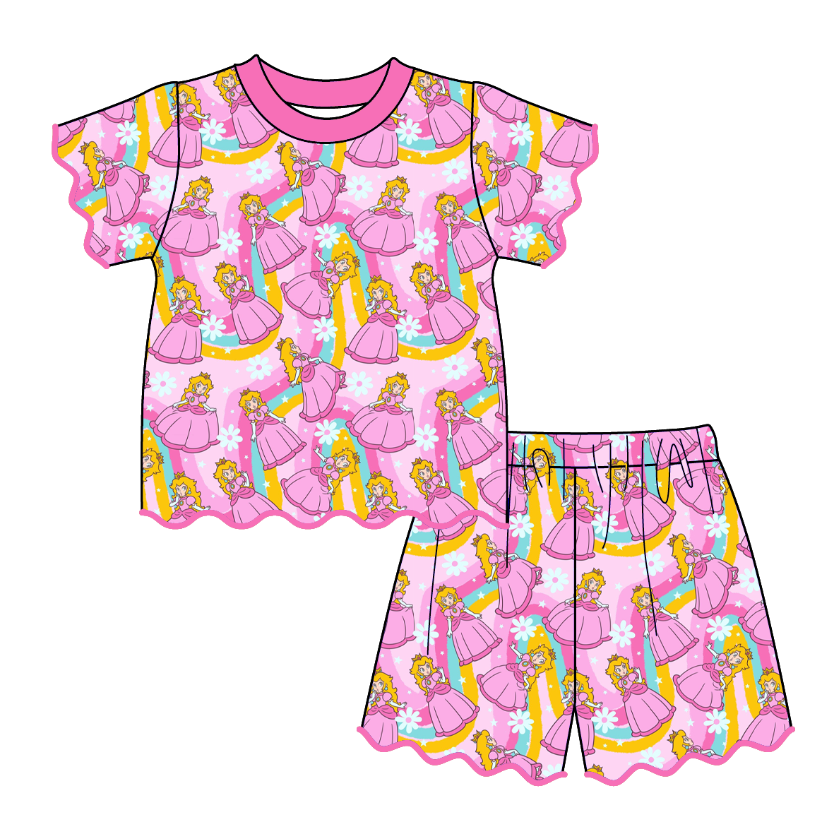 （Pre Order）Girls Spring & Summer Cartoon Scallop Shorts Set