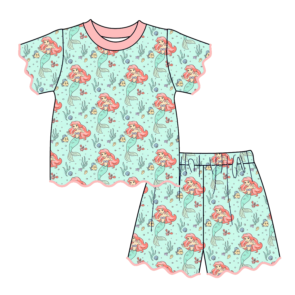 （Pre Order）Siblings Summer Mermaid Embroidery Smocked Dress,Set&Romper-Customized name