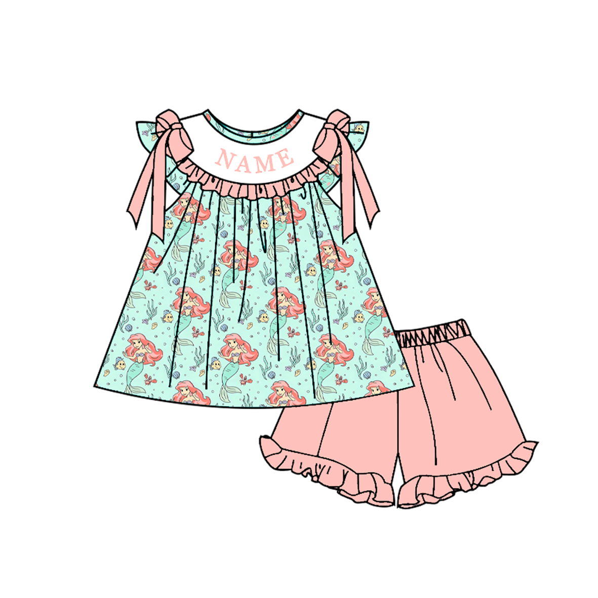 （Pre Order）Siblings Summer Mermaid Embroidery Smocked Dress,Set&Romper-Customized name