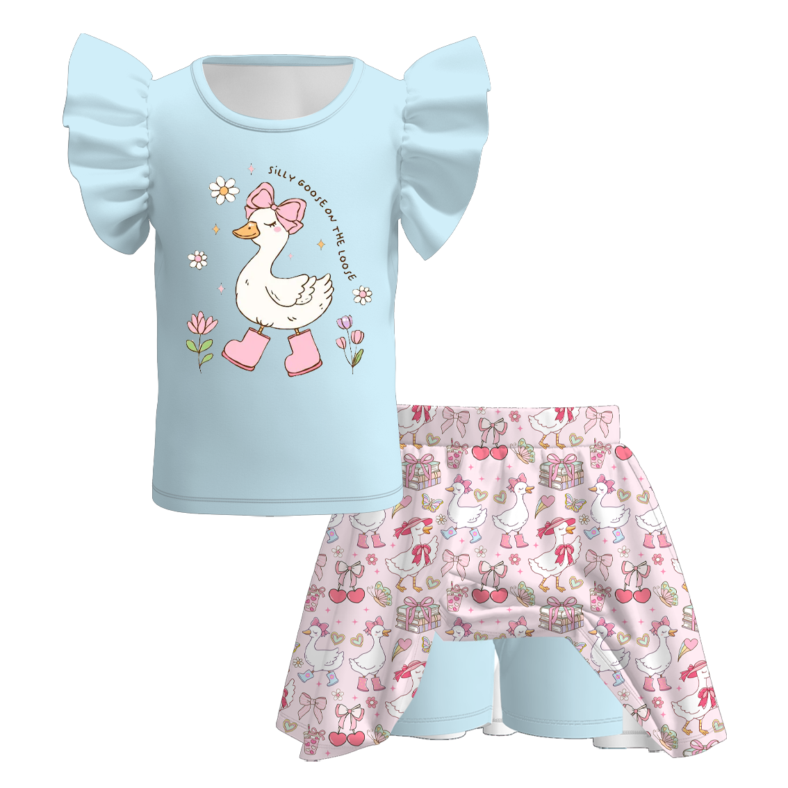 （Pre Order）Girls Spring and Summer Goose Print Skort Set