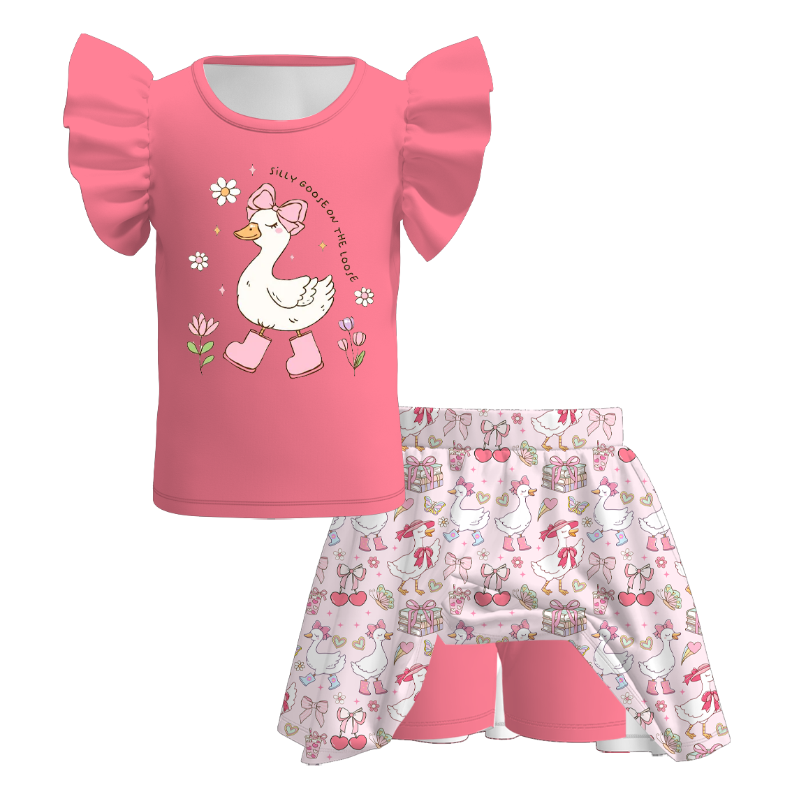 （Pre Order）Girls Spring and Summer Goose Print Skort Set