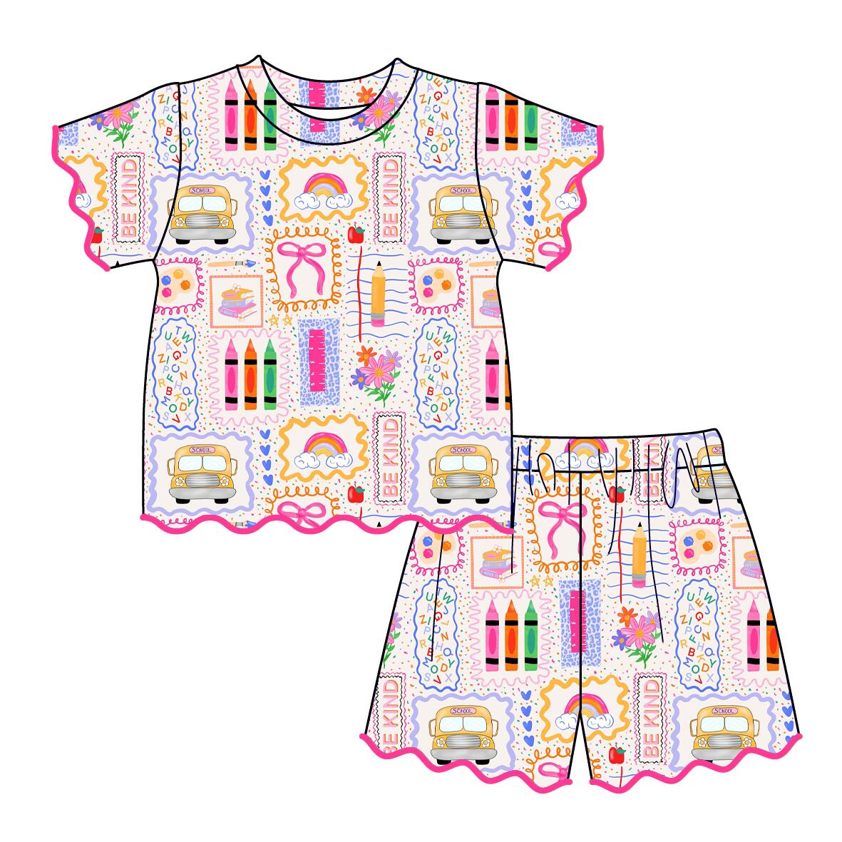 （Pre Order）Girls Summer Back To School Scallop Shorts Set