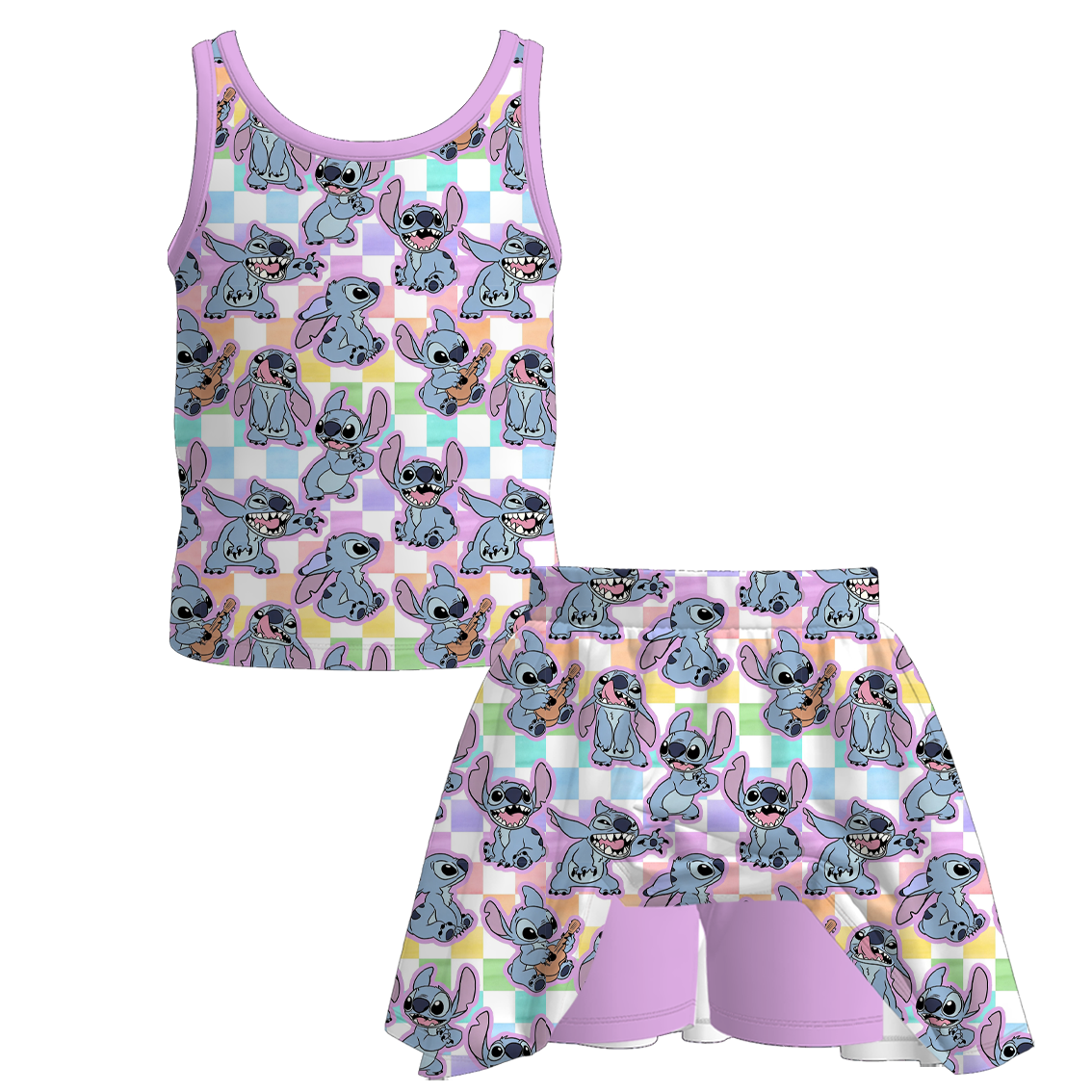 （Pre Order+Prepack Zone）Girls Cartoon Print Scallop Dress&Skort Set（Mix Size）