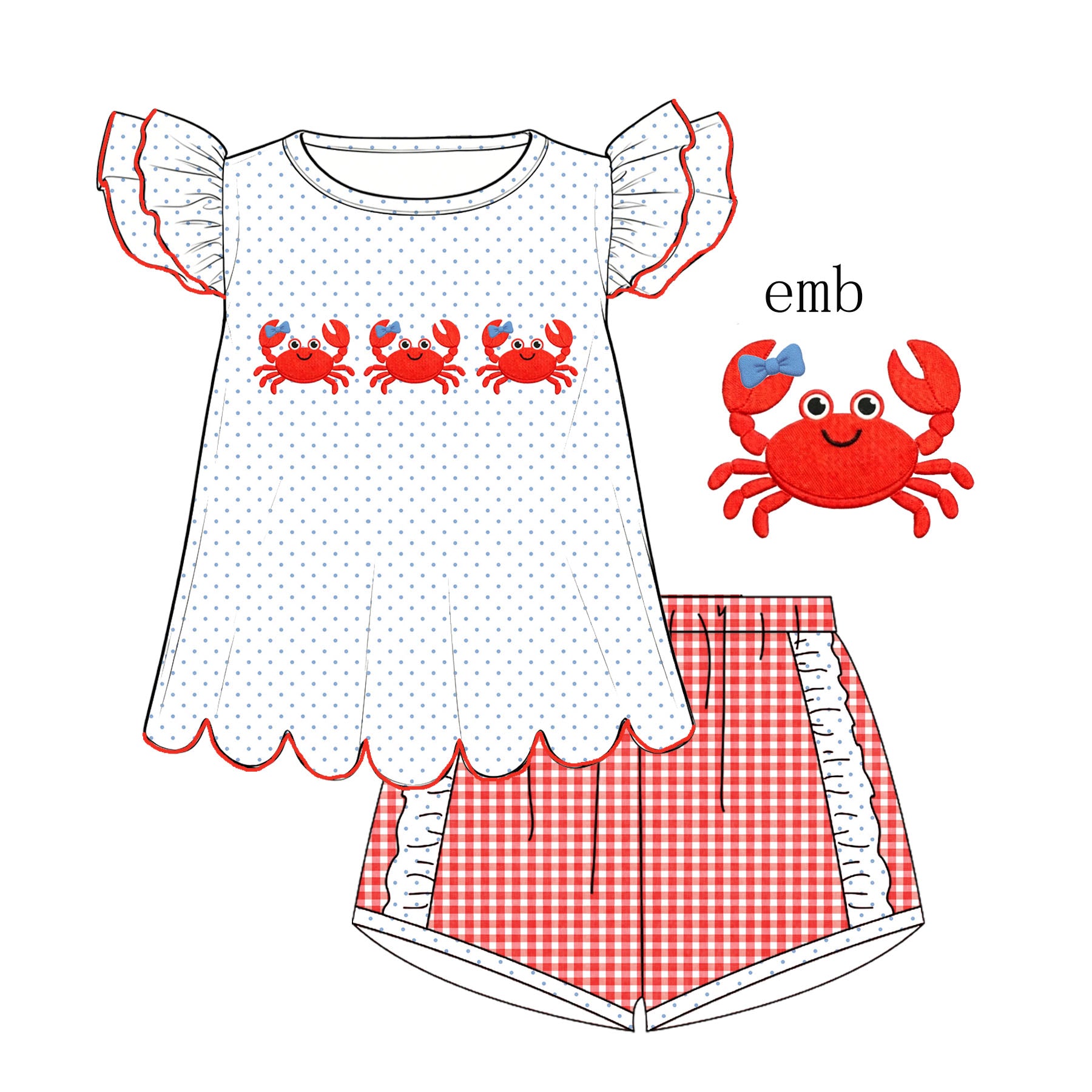 （Pre Order）Siblings Summer Crab Embroidery Dress,Set&Romper