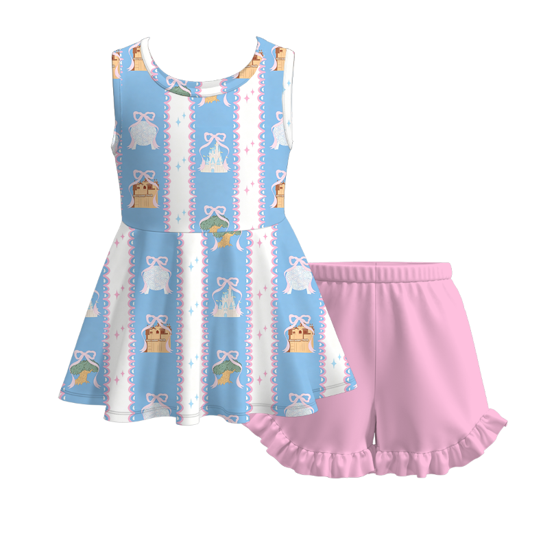 （Pre Order+Prepack Zone）Girls Spring&Summer Cartoon Print Ruffle Shorts Set