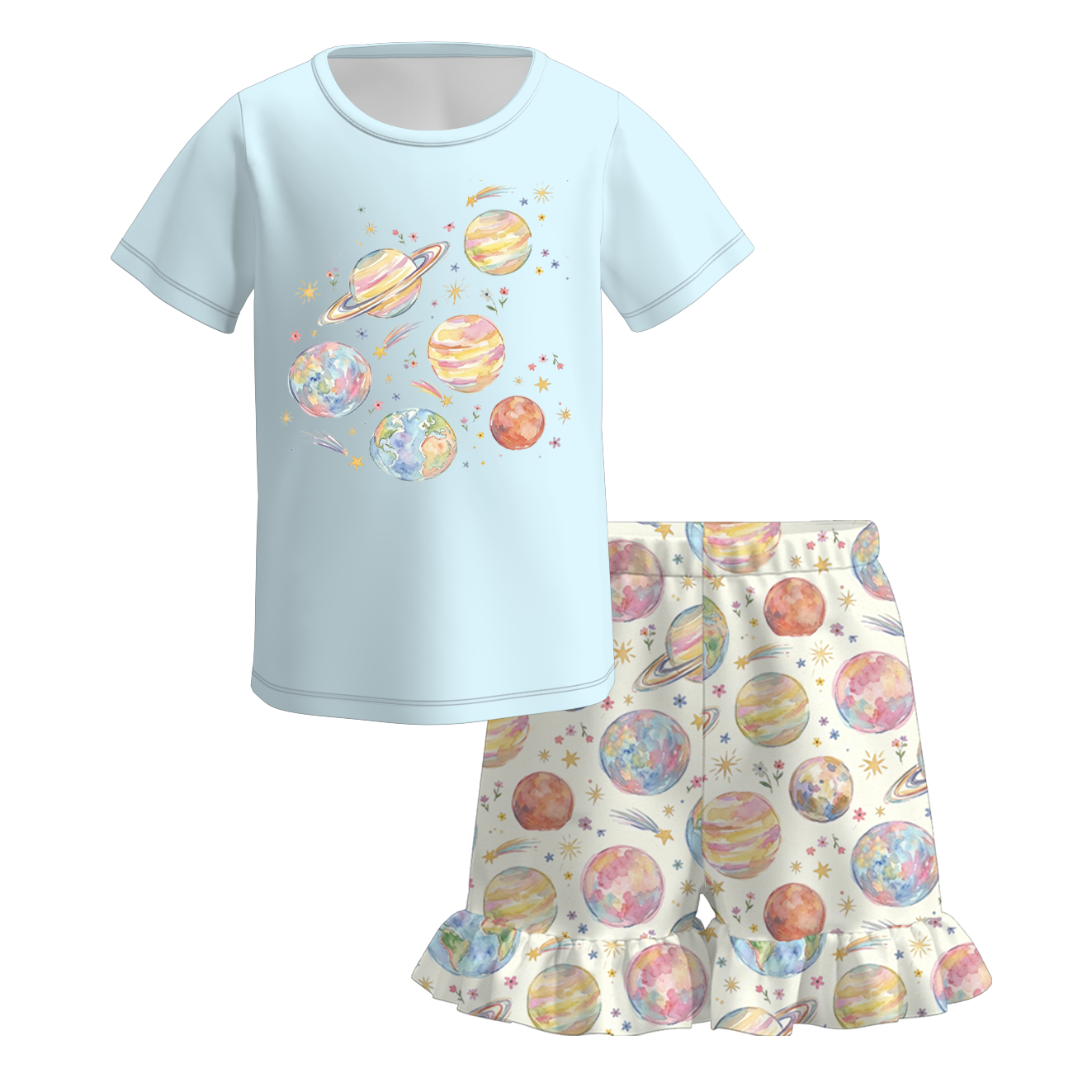 （Pre Order+Prepack Zone）Girls Summer Print Ruffled Shorts Set