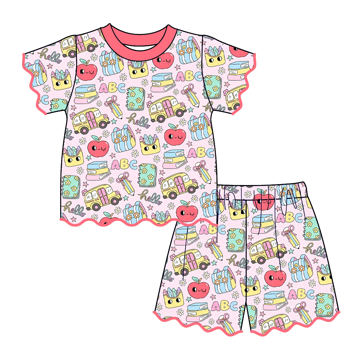 （Pre Order）Girls Summer Back To School Scallop Shorts Set