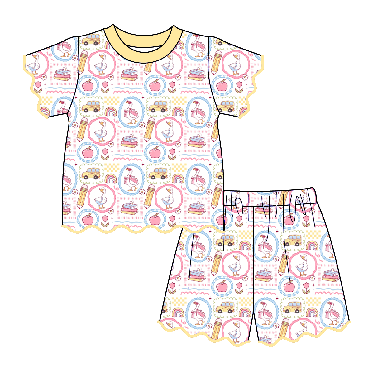 （Pre Order）Girls Summer Back To School Scallop Shorts Set