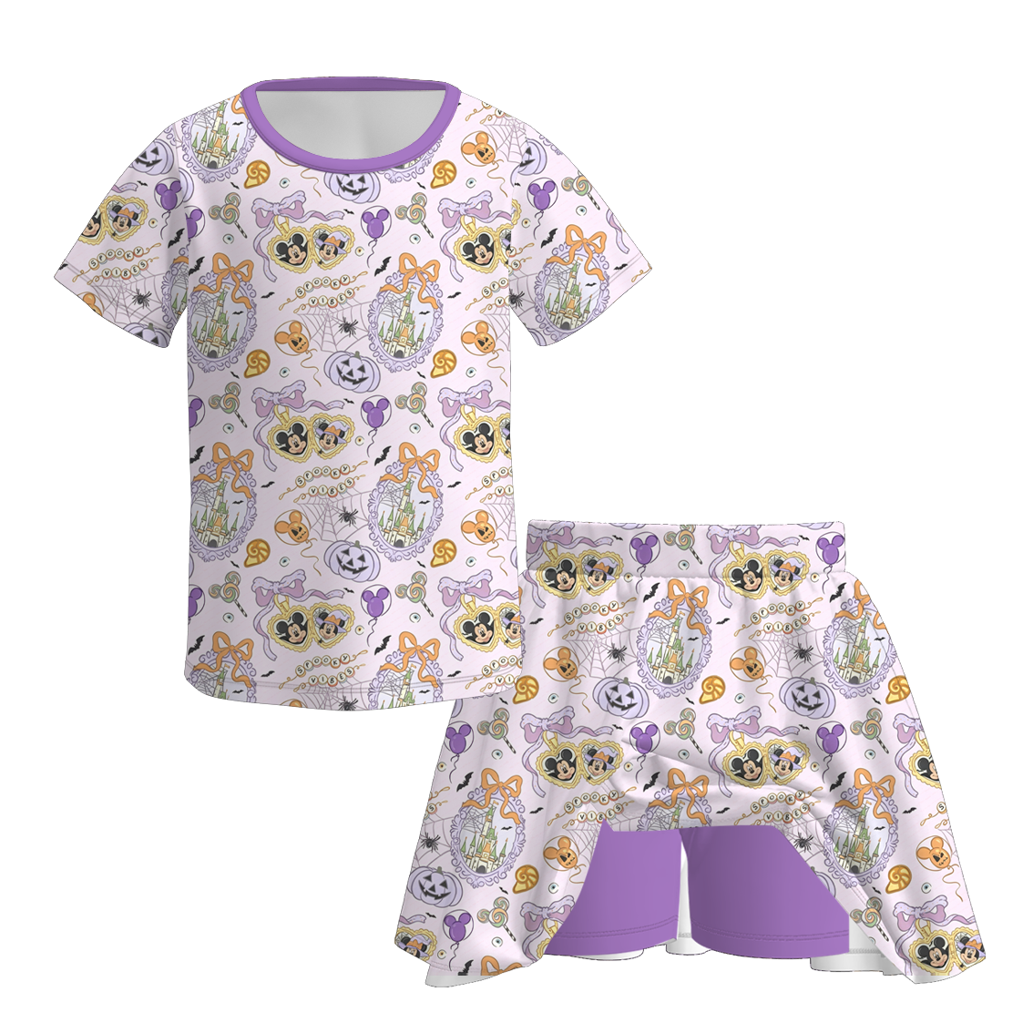 （Pre Order+Prepack Zone）Girls Halloween Pumpkin&Ghost Print Skort Set（Mix Size）