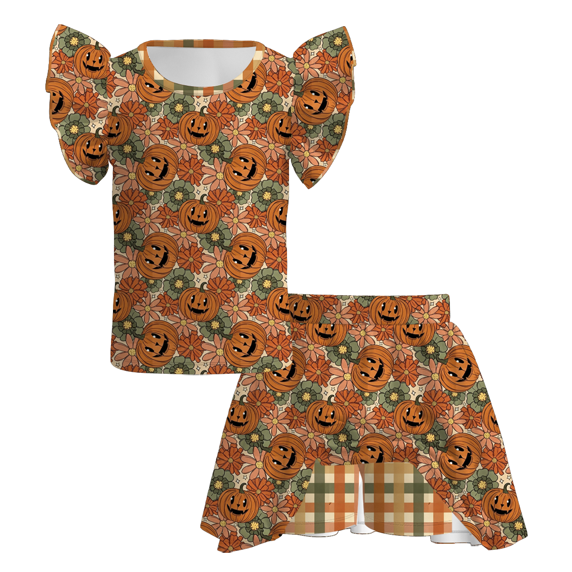（Pre Order+Prepack Zone）Girls Halloween Pumpkin&Ghost Print Skort Set（Mix Size）