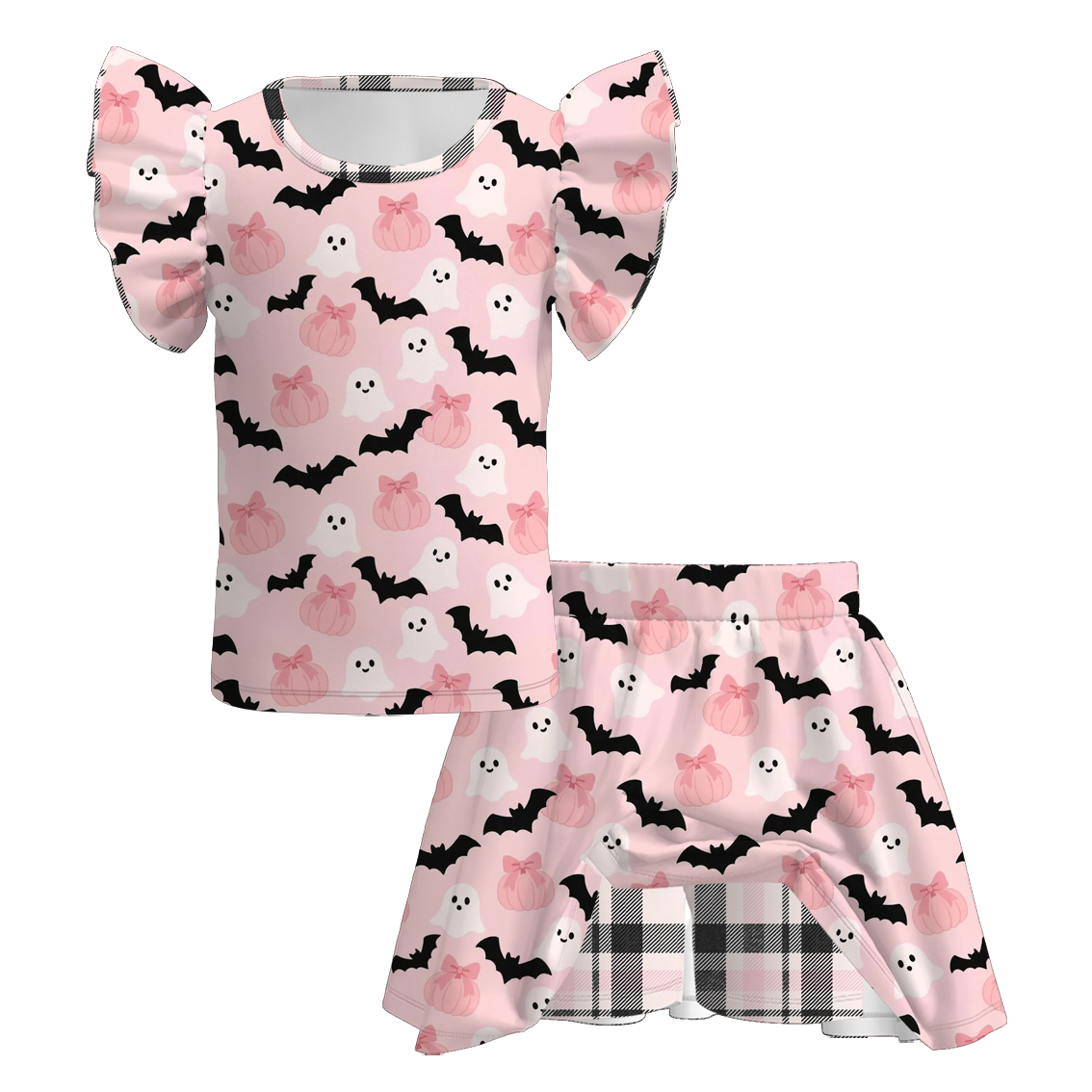 （Pre Order+Prepack Zone）Girls Halloween Pumpkin&Ghost Print Skort Set（Mix Size）