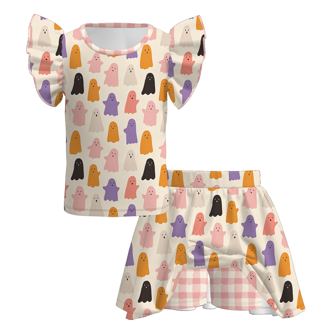 （Pre Order+Prepack Zone）Girls Halloween Pumpkin&Ghost Print Skort Set（Mix Size）
