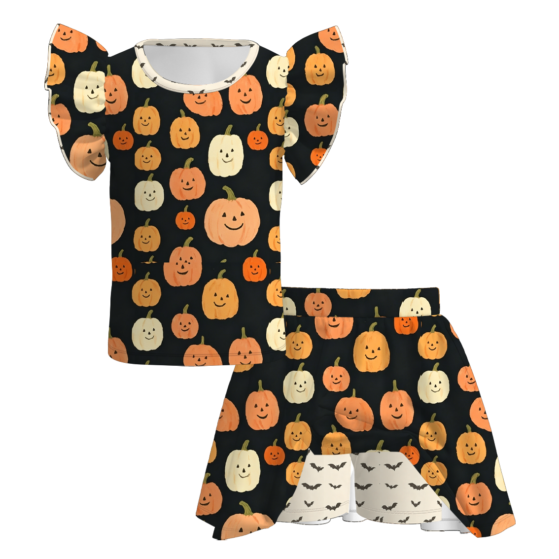（Pre Order+Prepack Zone）Girls Halloween Pumpkin&Ghost Print Skort Set（Mix Size）
