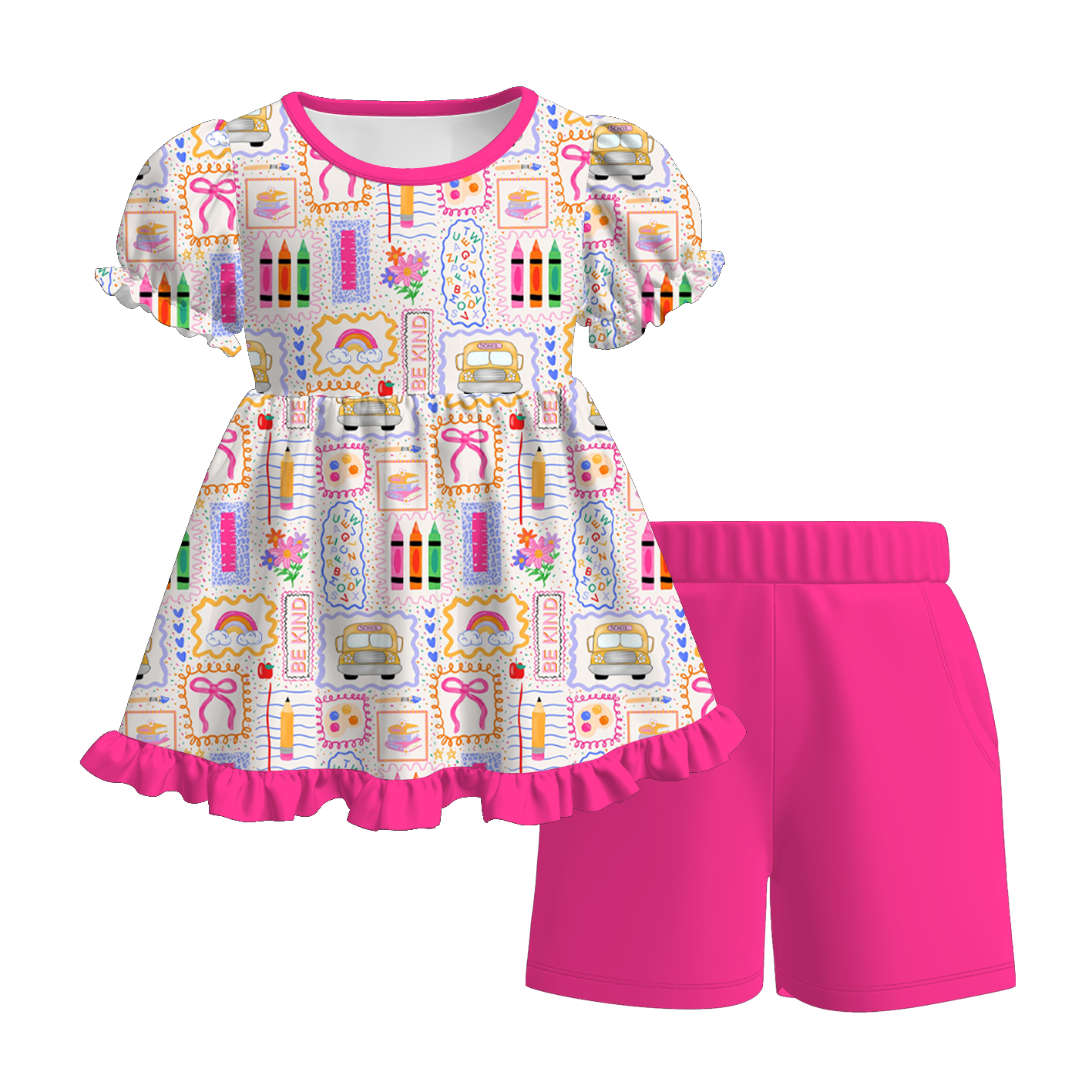 （Pre Order+Prepack Zone）Girls Summer Back To School Print Shorts Set