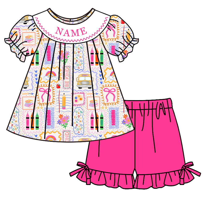 （Pre Order）Girls Summer Back To School Embroidery Smocked Dress&Set