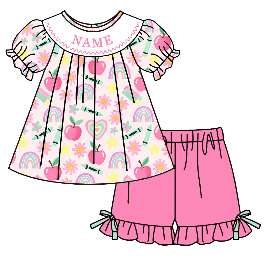 （Pre Order）Girls Summer Back To School Embroidery Smocked Dress&Set