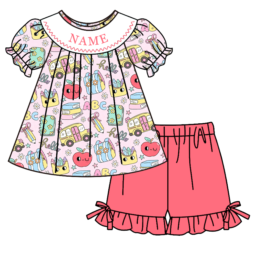 （Pre Order）Girls Summer Back To School Embroidery Smocked Dress&Set