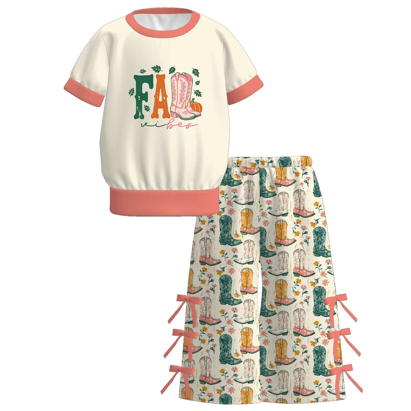（Pre Order+Prepack Zone）Girls Fall Boots&Bow Print Dress&Outfit Set