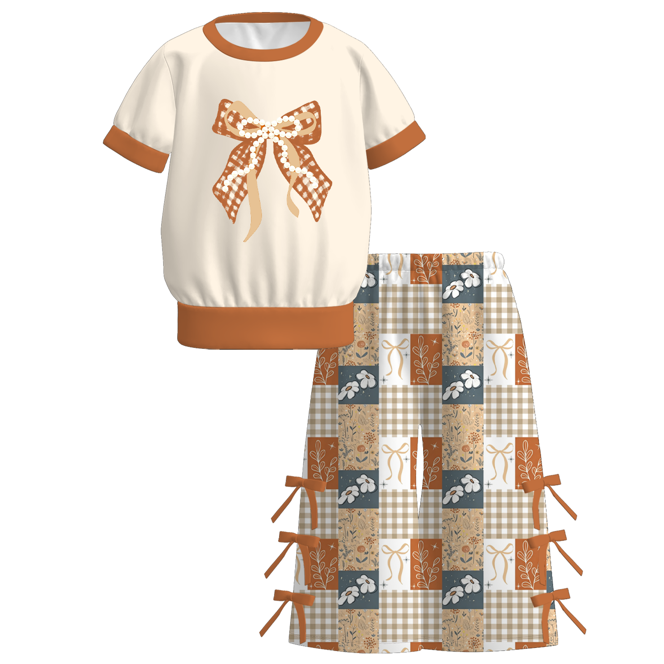 （Pre Order+Prepack Zone）Girls Fall Boots&Bow Print Dress&Outfit Set