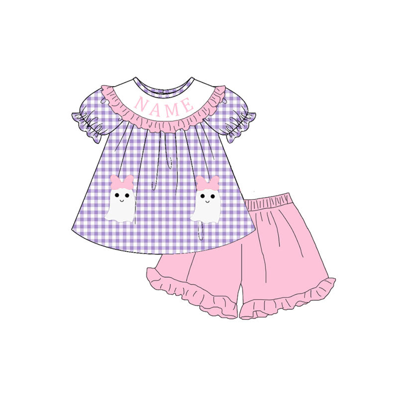 （Pre Order）Sisters Halloween Ghost Applique Name Embroidery Smocked Dress,Set&Romper