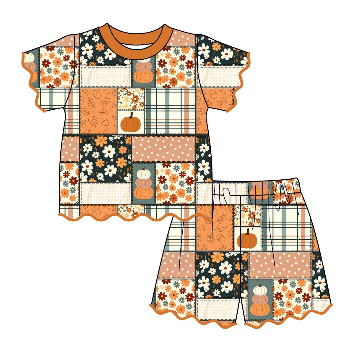 （Pre Order）Girls Fall Pumpkin Scallop Shorts Set