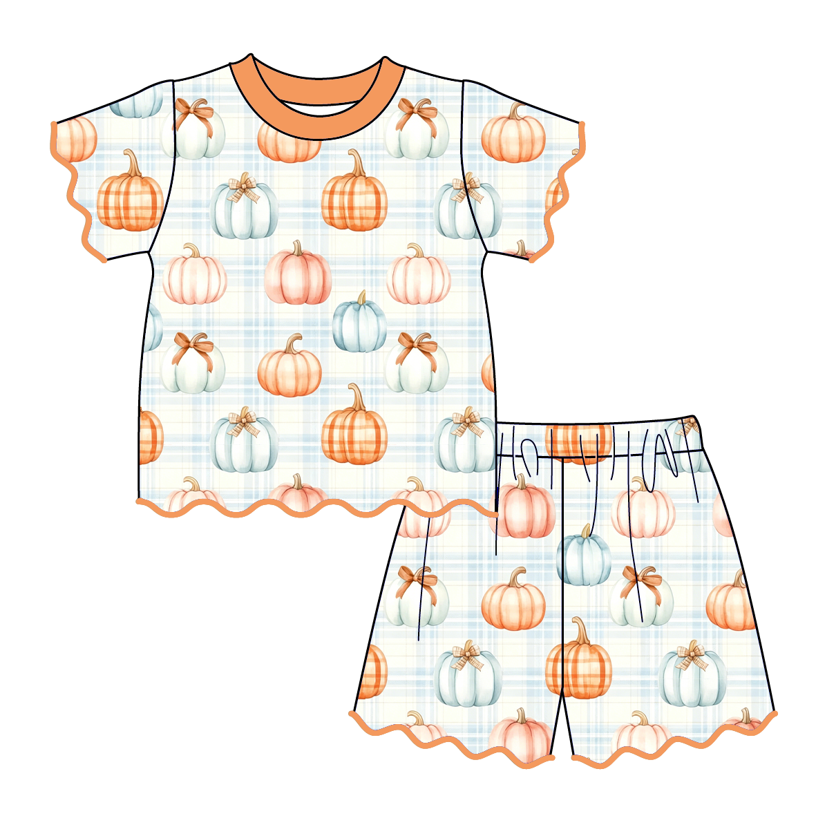 （Pre Order）Girls Fall Pumpkin Scallop Shorts Set