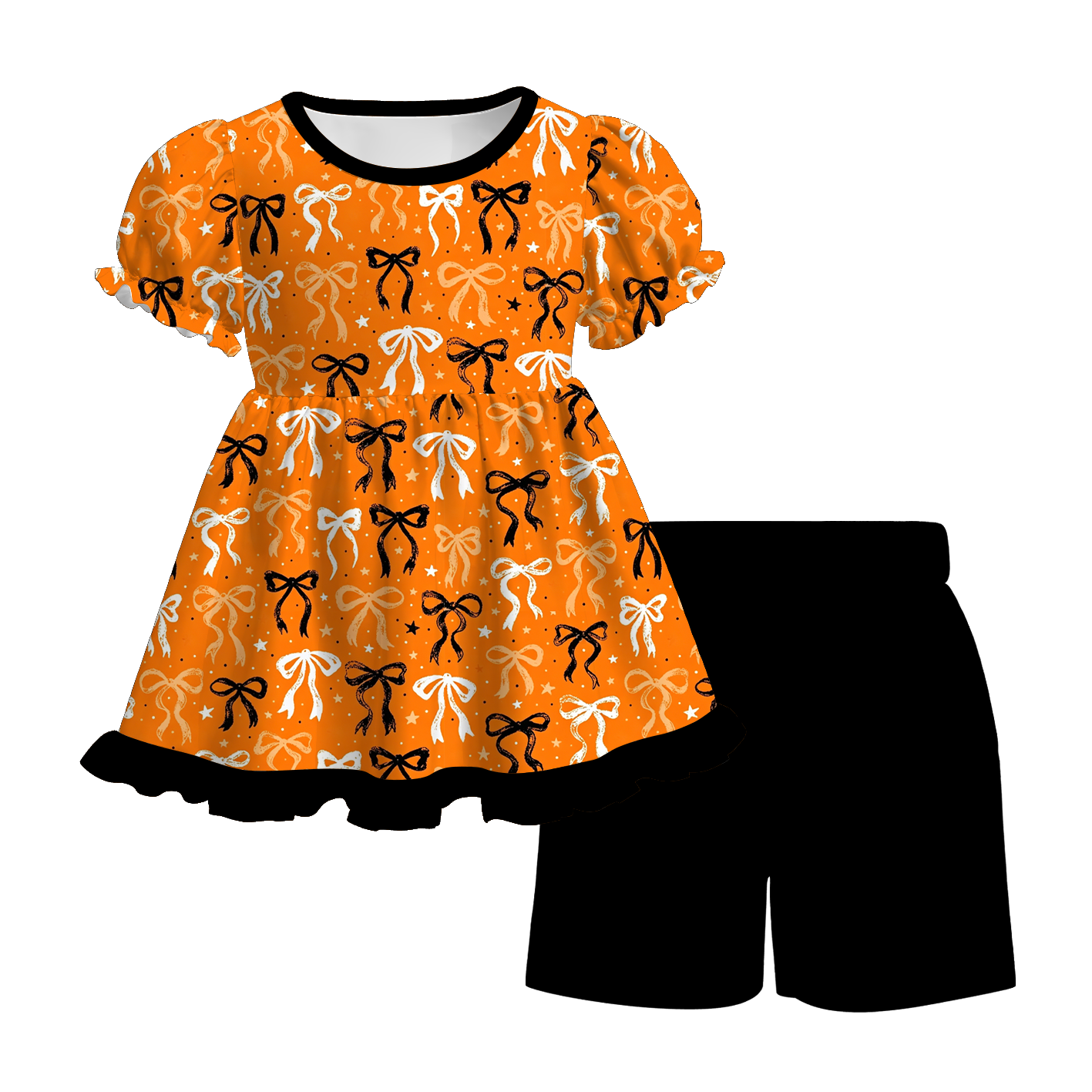 （Pre Order）Girls Halloween Bow&Pumpkin Print Dress,Set