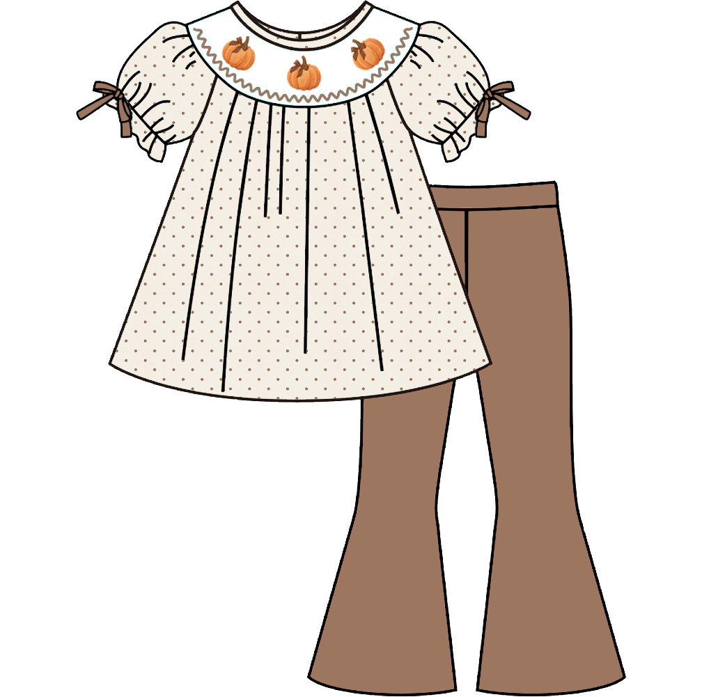 （Pre Order）Sisters Pumpkin Embroidery Smocked Dress,Set&Romper