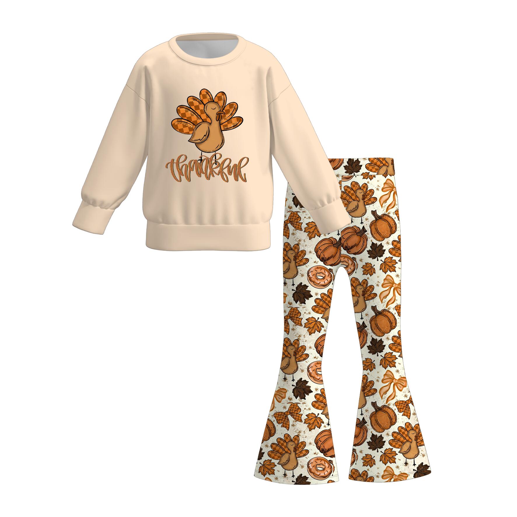 （Pre Order）Girls Fall Turkey Print Dress&Sweatshirt Set
