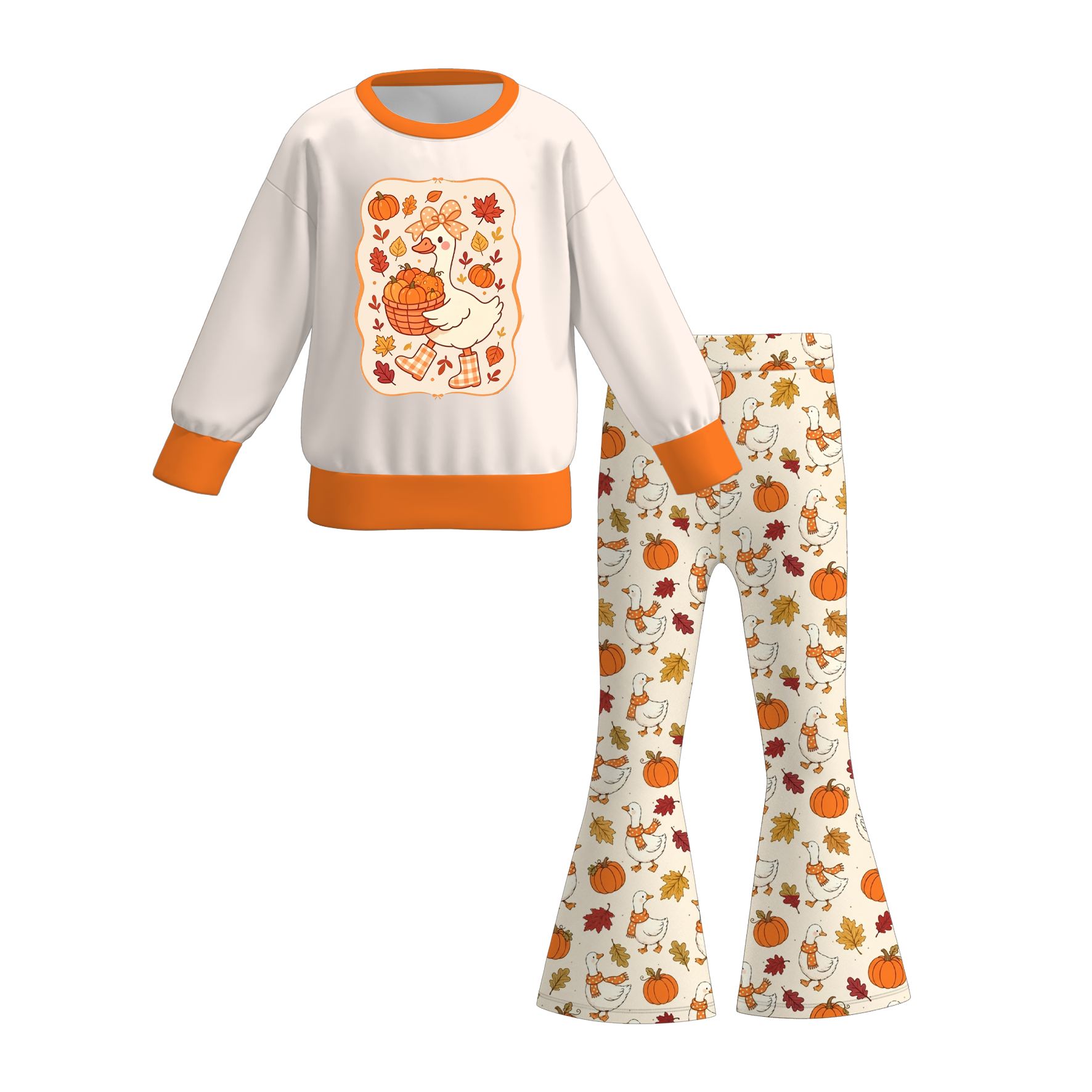 （Pre Order）Girls Fall Pumpkin Print Dress&Sweatshirt Set