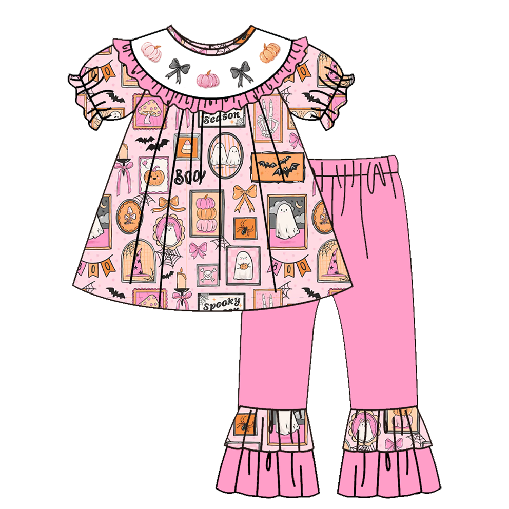 （Pre Order）Girls Halloween Embroidery Smocked Dress,Set&Romper