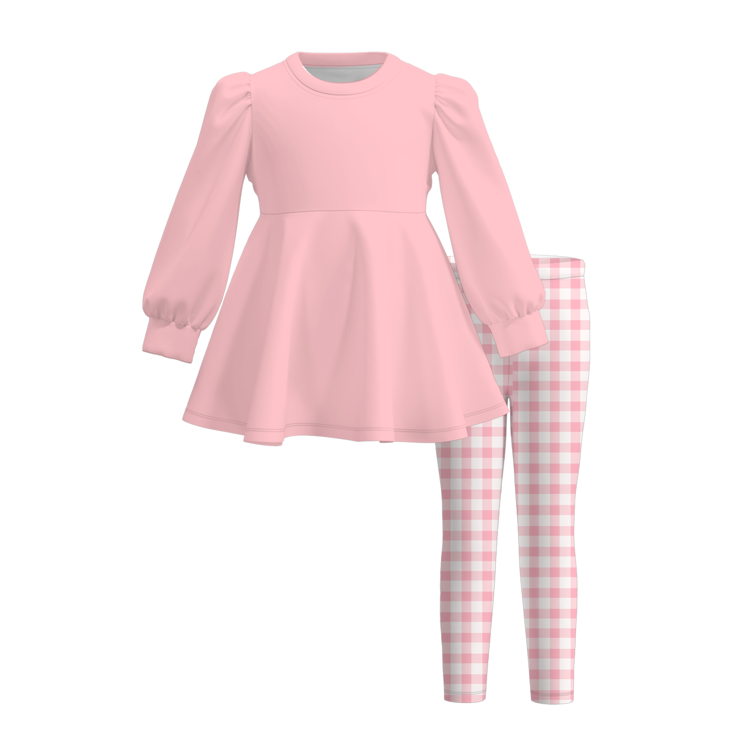 （Weekly Pre-Order）Girls Puff Sleeve Peplum Top Gingham Leggings Matching 2‑Piece Fall Outfit Set（Ends 9.6）