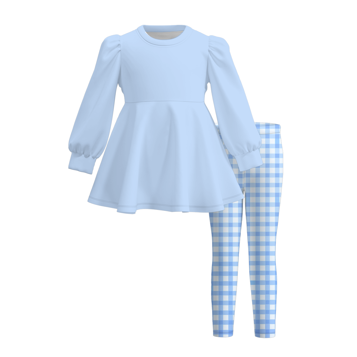 （Weekly Pre-Order）Girls Puff Sleeve Peplum Top Gingham Leggings Matching 2‑Piece Fall Outfit Set（Ends 9.6）