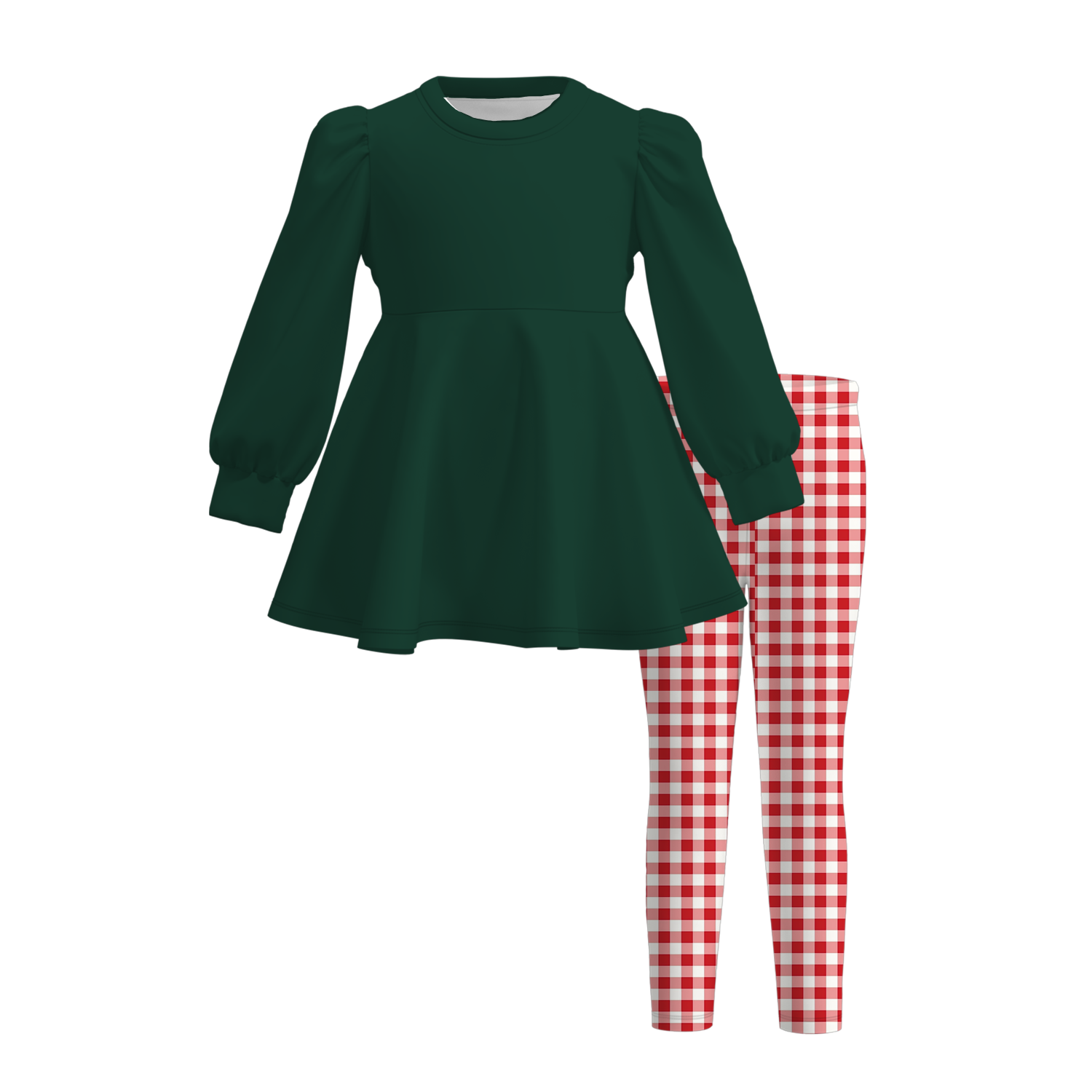 （Weekly Pre-Order）Girls Puff Sleeve Peplum Top Gingham Leggings Matching 2‑Piece Fall Outfit Set（Ends 9.6）