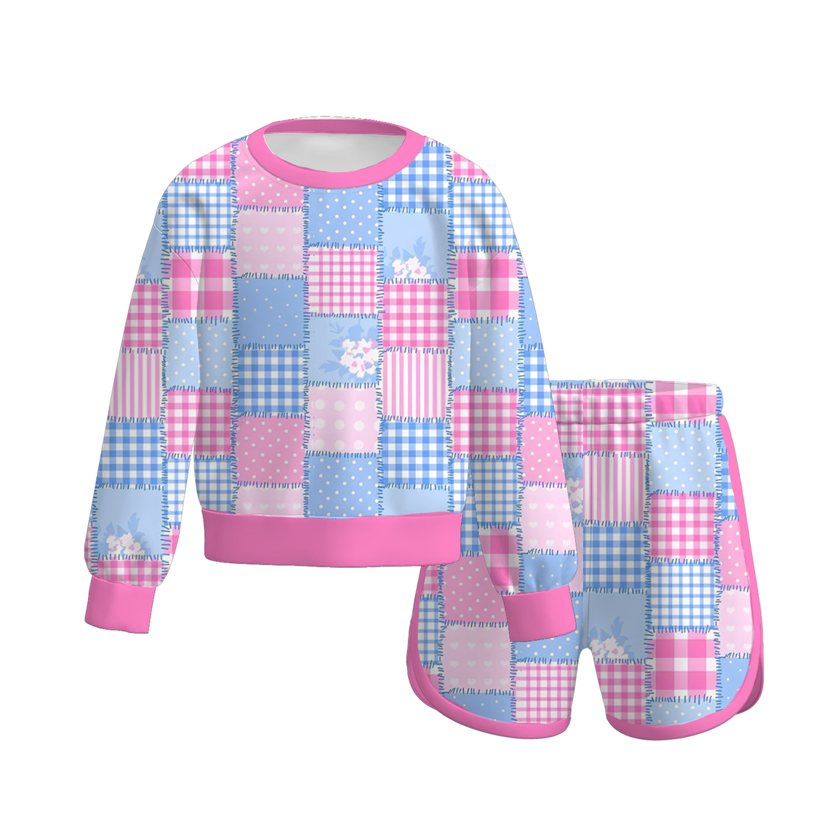 （Pre Order）Girls Pastel Patchwork Long Sleeve Top & Shorts Set
