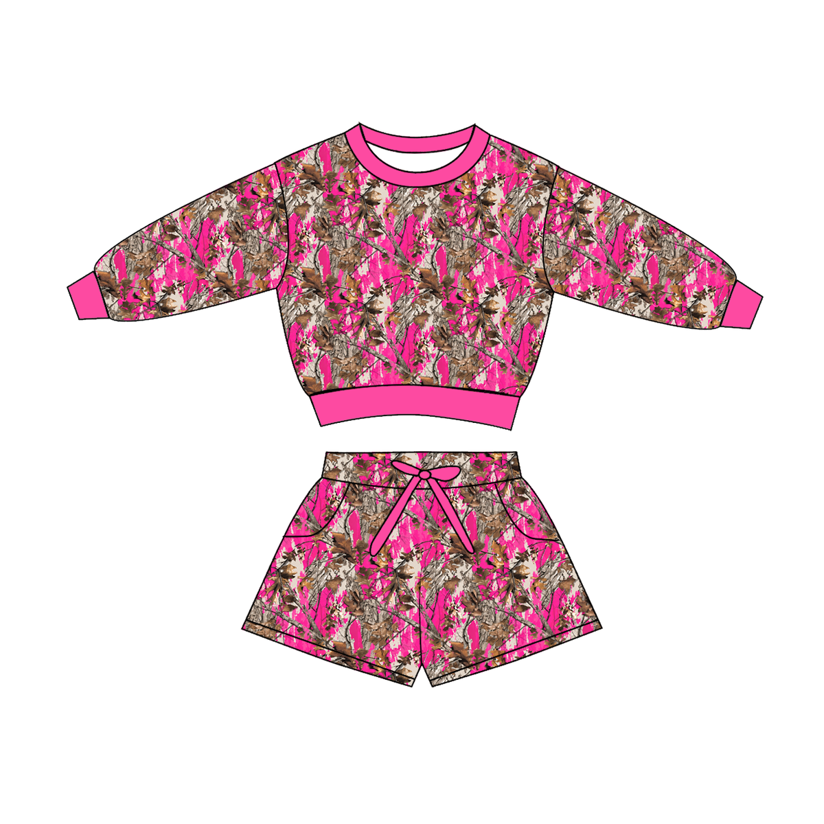 Flat lay of pink camo long-sleeve top with ribbed pink trim and matching drawstring shorts with side pockets.