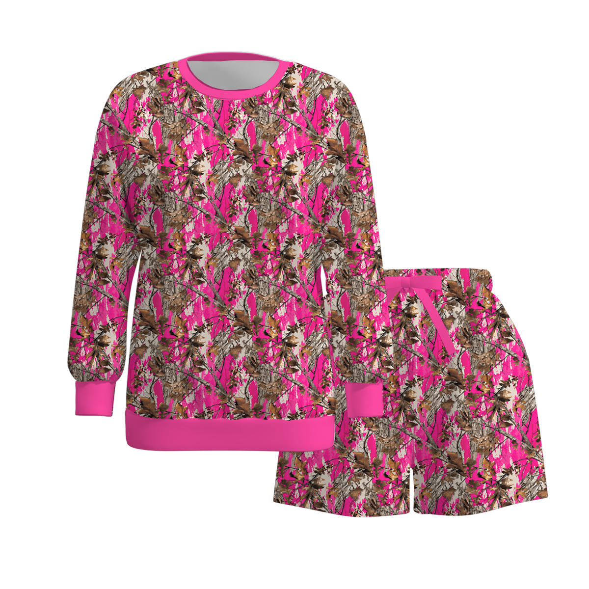Flat lay of pink camo sweatshirt and matching drawstring shorts set shown together on a white background.