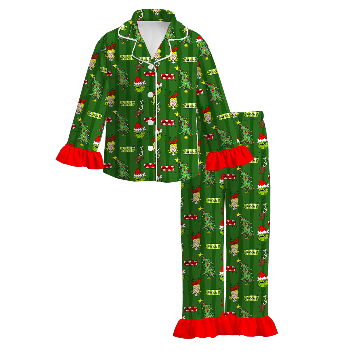 （Pre Order）Girls Christmas Cartoon Print Dress&Pajamas