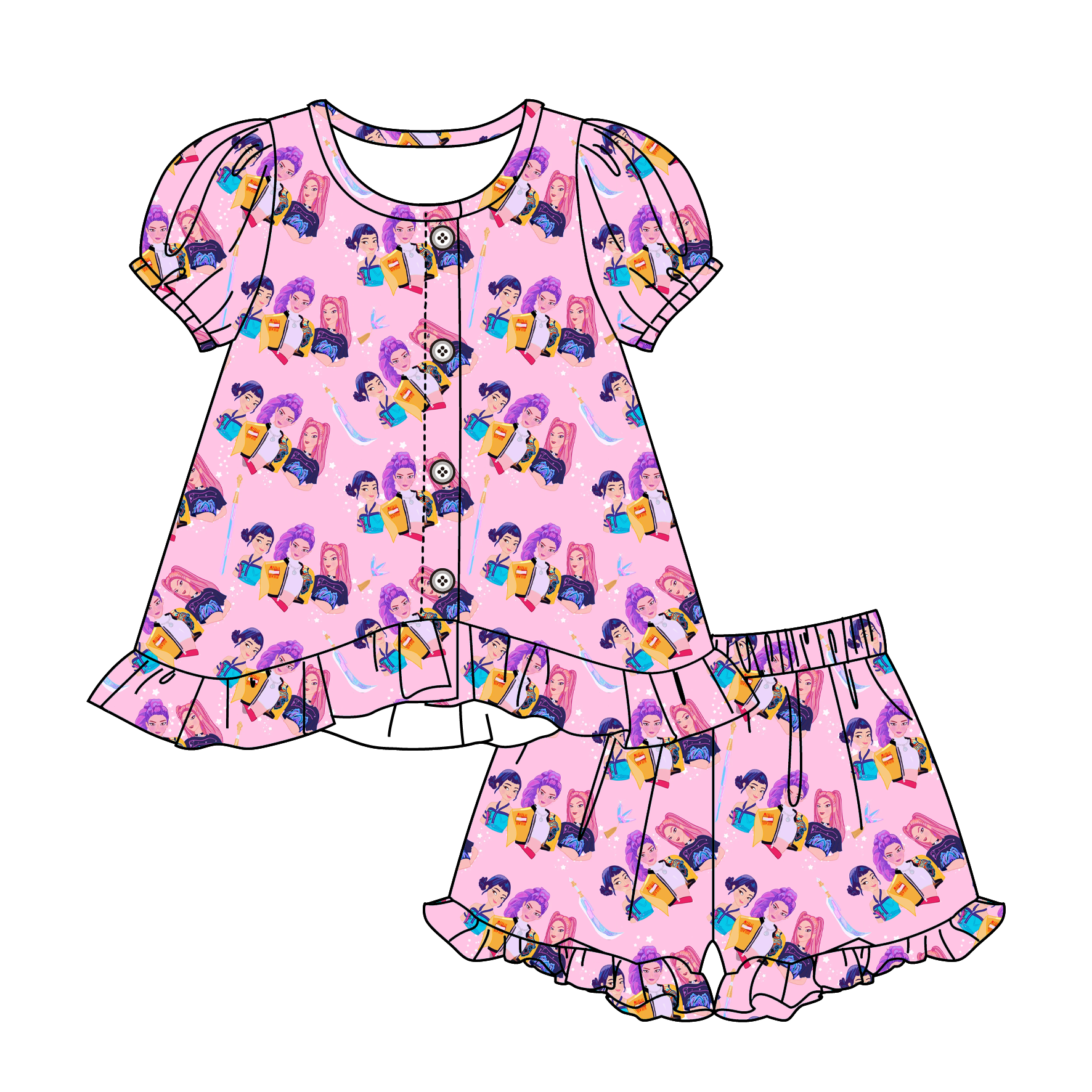 （Pre Order）Girls Spring&Summer Movie Character Print Pajamas Shorts Set