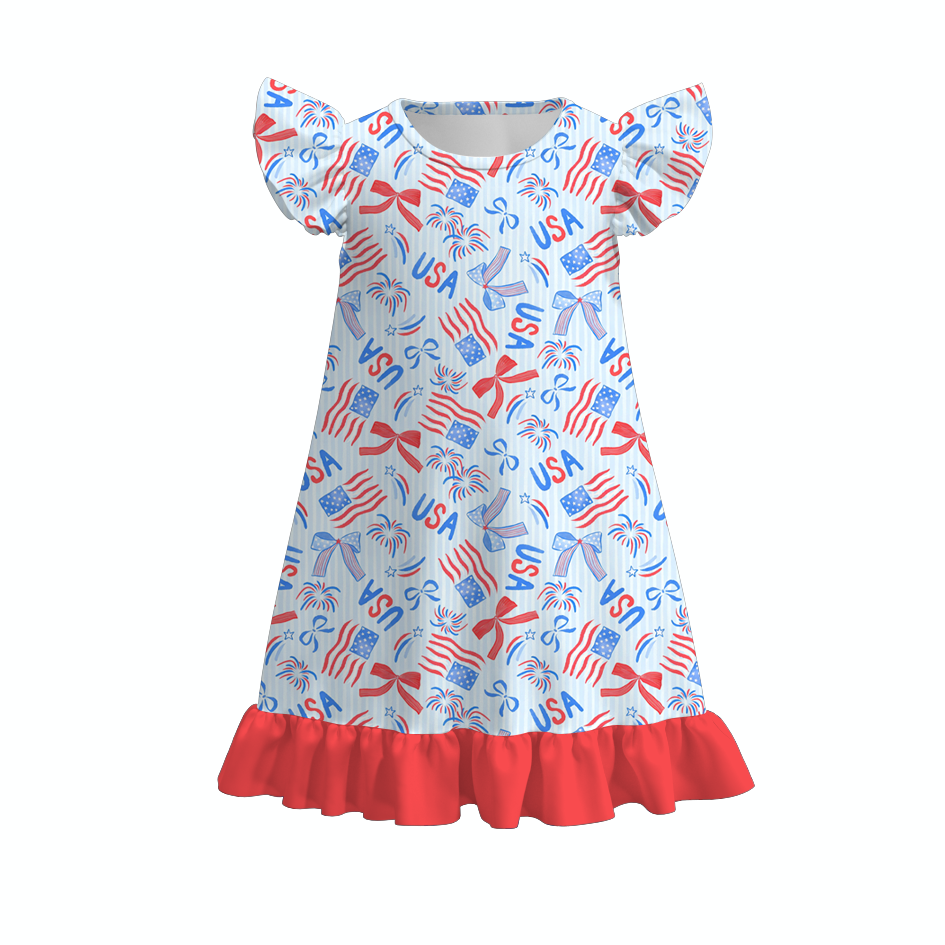 （Pre Order）Mommy and Me Patriotic Bow Print Dress,Set&Pajamas
