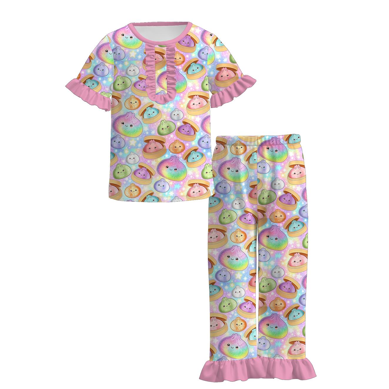 （Pre Order）Girls Fall Dumplings Print Pajamas&Jumpsuit