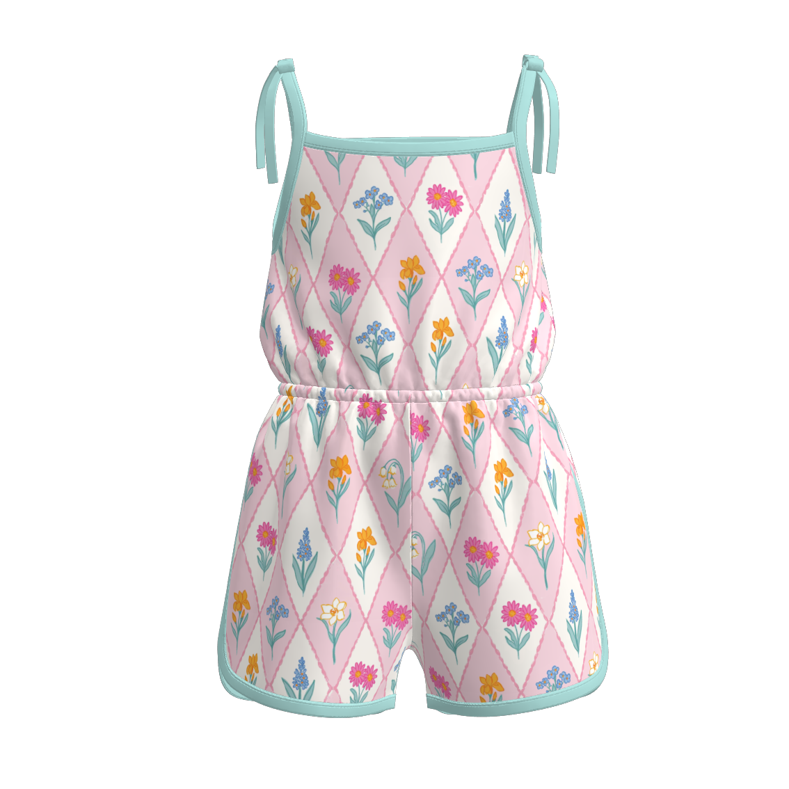 （Pre Order）Girls Spring and Summer Bow＆Floral Print Jumpsuit