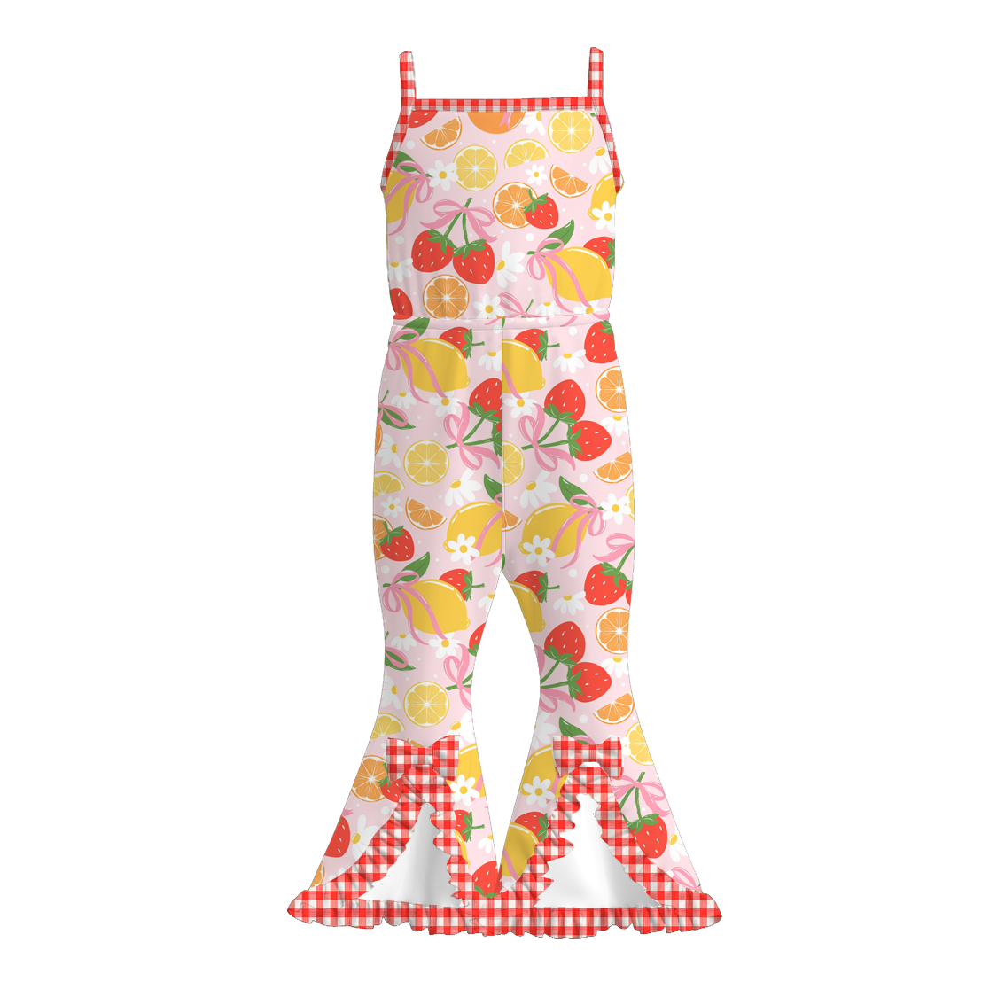 （Pre Order）Girls Spring and Summer Bow＆Fruit Print Jumpsuit
