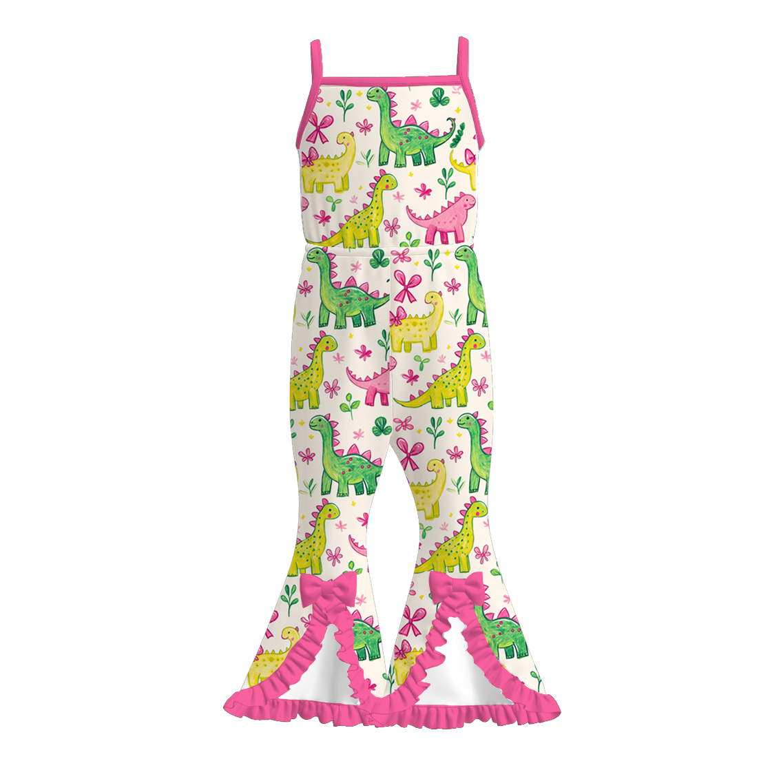 （Pre Order）Girls Spring and Summer Dino＆Floral Print Jumpsuit