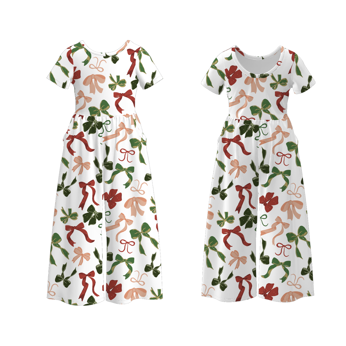 （Pre Order）Girls Christmas Bow Print Set,Pajamas＆Jumpsuit